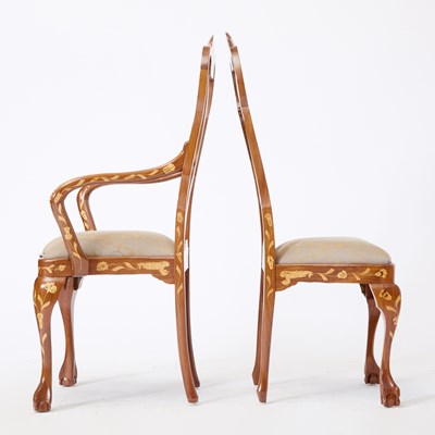 Lot 50 - Assembled Set of Dutch Rococo Floral Fruitwood Marquetry Inlaid Walnut Dining Chairs