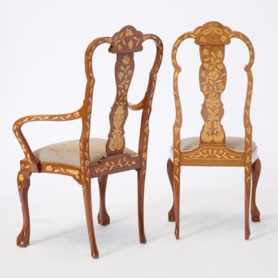 Lot 50 - Assembled Set of Dutch Rococo Floral Fruitwood Marquetry Inlaid Walnut Dining Chairs