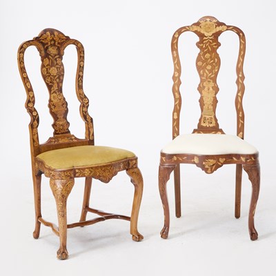 Lot 50 - Assembled Set of Dutch Rococo Floral Fruitwood Marquetry Inlaid Walnut Dining Chairs