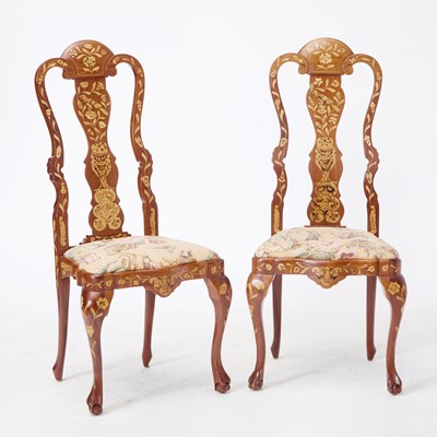 Lot 50 - Assembled Set of Dutch Rococo Floral Fruitwood Marquetry Inlaid Walnut Dining Chairs