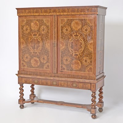 Lot 561 - Dutch William and Mary Olive-Oyster Veneered, Walnut and Fruitwood Marquetry Inlaid Cabinet on Stand