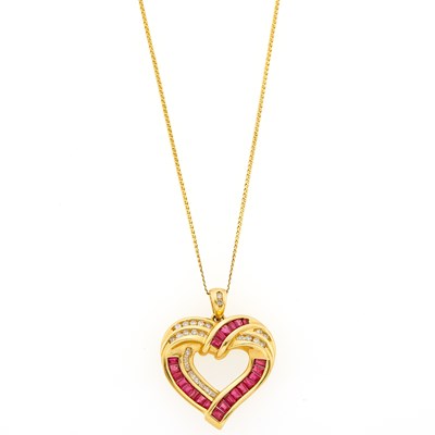 Lot 2055 - Gold, Ruby and Diamond Heart Pendant with Chain Necklace