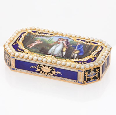 Lot 589 - Swiss 18kt Gold, Pearl and Enamel Snuff Box
