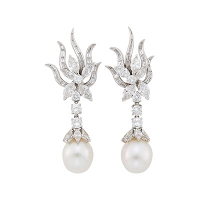 Lot 126 - Pair of Platinum, Diamond and Cultured Pearl Pendant-Earrings