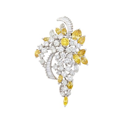 Lot 1147 - Van Clief Platinum, Diamond and Treated Yellow Diamond Brooch