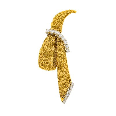 Lot 1109 - Two-Color Gold and Diamond Mesh Bow Clip-Brooch