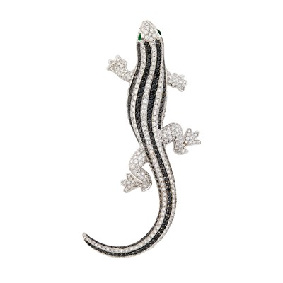 Lot 1149 - White Gold, Diamond and Black Diamond Lizard Clip-Brooch