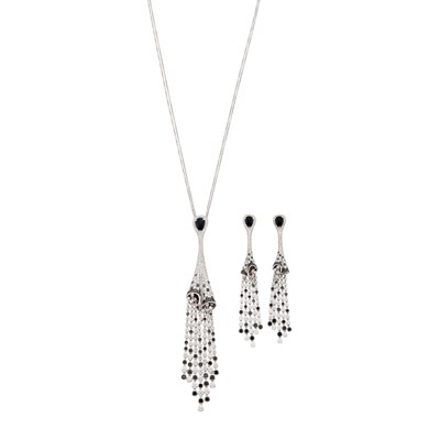 Lot 1150 - White Gold, Diamond, Black Diamond and Black Onyx Tassel Pendant with Chain Necklace and Pair of Pendant-Earrings