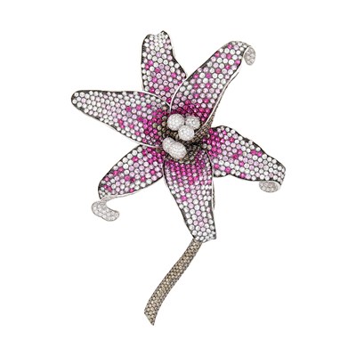 Lot 122 - De Grisogono White and Blackened Gold, Diamond, Colored Diamond and Pink Sapphire Orchid Clip-Brooch