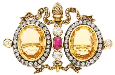 Lot 114 - Fabergé Silver, Gold, Topaz, Ruby and Diamond Brooch