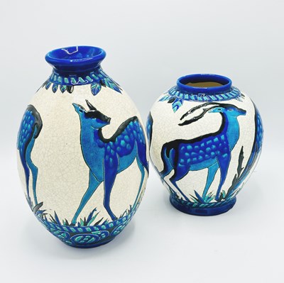 Lot 1059 - Two Charles Catteau for Boch Freres Keramis "Biches Bleues" Pattern Vases