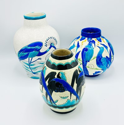 Lot 1061 - Three Charles Catteau for Boch Freres Keramis Art Deco Bird Vases