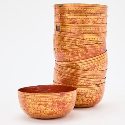 Lot 201 - Eleven Burmese Red and Gold Lacquered Bowls