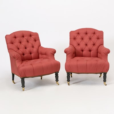 Lot 129 - Pair of Button-Tufted Upholstered Club Chairs
