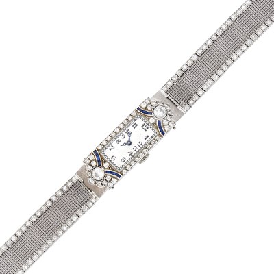 Lot 1212 - Platinum, Diamond and Sapphire Mesh Wristwatch