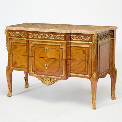 Lot 9 - Louis XV/XVI Transitional Ormolu-Mounted Kingwood, Tulipwood and Parquetry Commode