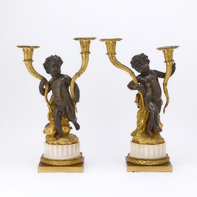 Lot 568 - Pair of Restauration Ormolu, Patinated Bronze and White Marble Two-Light Candelabra