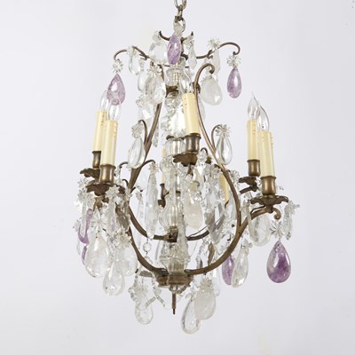 Lot 181 - Louis XV Style Brass, Cut-Glass, Rock Crystal, and Amethyst Eight-Light Chandelier