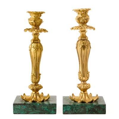 Lot 158 - Pair of Russian Gilt-Bronze and Malachite Candlesticks