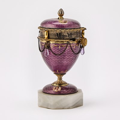 Lot 27 - Louis XVI Style Gilt-Bronze-Mounted Guilloché Enameled Cercles Tournants Table Clock
