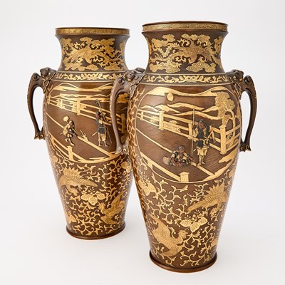 Lot 43 - An Exceptional Pair of Japanese Mixed Metal and Parcel Gilt Bronze Vases