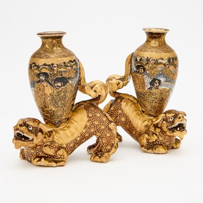 Lot 48 - Pair of Japanese Satsuma Earthenware Figural Vases