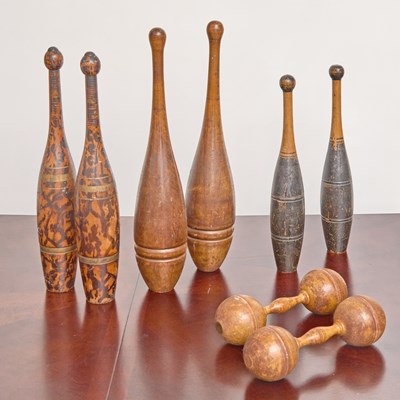 Lot 315 - Three Pairs of Turned Wood Juggler's Pins Together With a Pair of Turned Wood Dumbbells