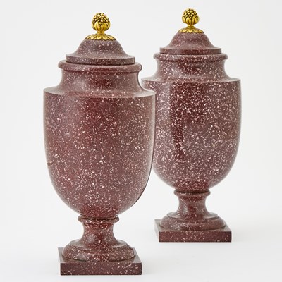 Lot 257 - Pair of Louis XVI Gilt-Bronze Mounted Egyptian Porphyry Vases with Covers