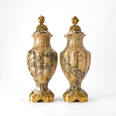Lot 95 - Pair of Louis XVI Style Gilt-Bronze Mounted Marble Garniture Urns With Covers