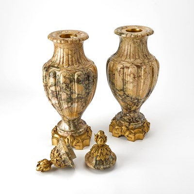 Lot 95 - Pair of Louis XVI Style Gilt-Bronze Mounted Marble Garniture Urns With Covers
