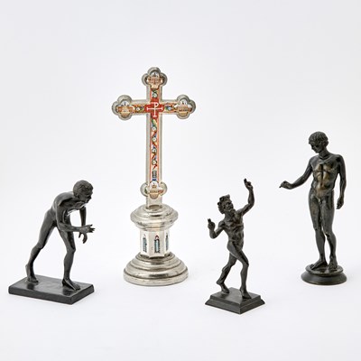 Lot 282 - Three Italian Grand Tour Patinated Bronzes and a Micromosaic Cross