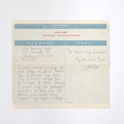 Lot 657 - A note from John Cage suggesting, "Perhaps we should all go 'underground'"