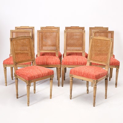 Lot 131 - Set of Ten Louis XVI Style Cane-Back and Upholstered Seat Dining Chairs