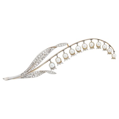 Lot 1140 - Antique Gold, Platinum, Button Pearl and Diamond Lily-of-the-Valley Brooch, France