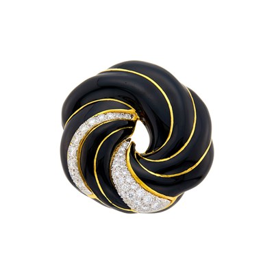 Lot 100 - David Webb Gold, Platinum, Black Enamel and Diamond Clip-Brooch