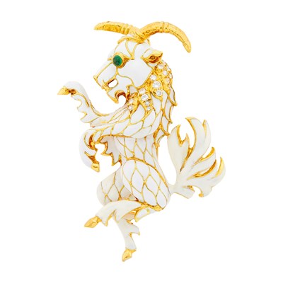 Lot 97 - Gold, White Enamel, Diamond and Cabochon Emerald Mythological Animal Clip-Brooch