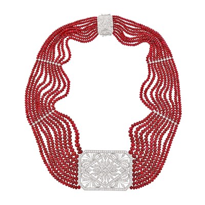 Lot 1128 - Nine Strand White Gold, Red Spinel Bead and Diamond Necklace