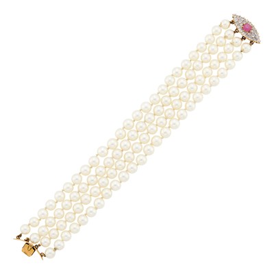 Lot 2224 - Four Strand Cultured Pearl, Star Ruby and Diamond Bracelet