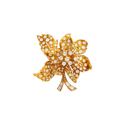 Lot 1100 - Gold and Diamond Flower Clip-Brooch