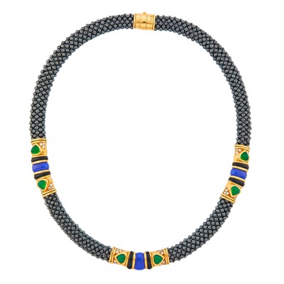 Lot 1011 - Marina B Hematite Bead Mesh, Gold, Black, Green and Blue Onyx and Diamond Necklace, France