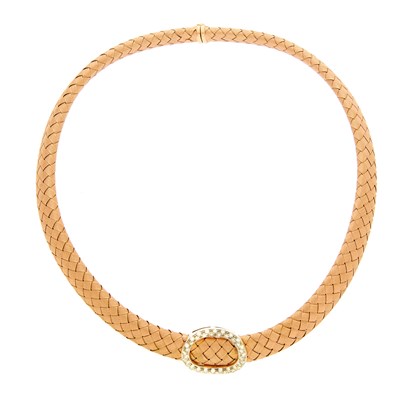 Lot 2061 - Braided Two-Color Gold, Diamond and Cabochon Ruby Necklace