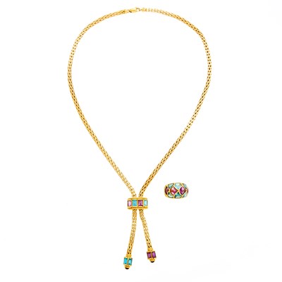 Lot 2037 - Gold, Blue Topaz and Amethyst Fringe Necklace and Ring