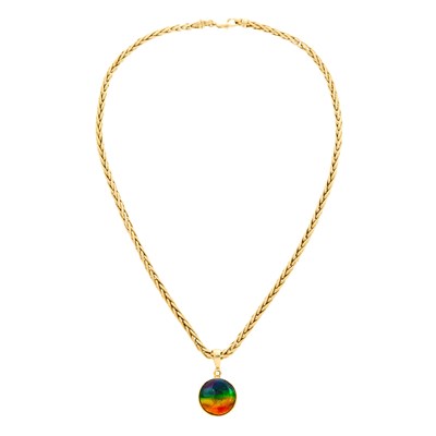 Lot 2070 - Gold, Iridescent Shell Doublet and Diamond Pendant with Chain Necklace