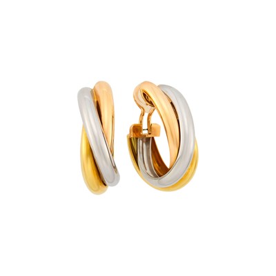 Lot 1094 - Cartier Pair of Tricolor Gold 'Trinity' Hoop Earrings