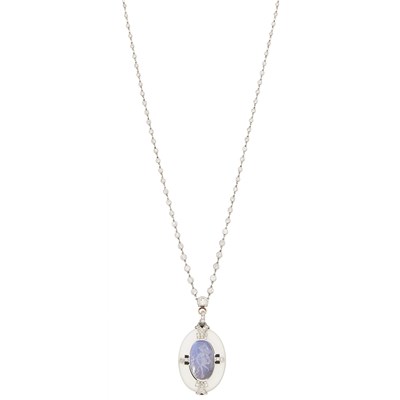 Lot 139 - Platinum, Frosted Rock Crystal, Moonstone Intaglio, Black Onyx and Diamond Pendant with Long Platinum and Diamond Chain
