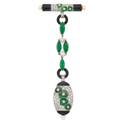 Lot 142 - Art Deco Platinum, Jade, Diamond, Black Enamel and Pearl Lapel-Watch, France
