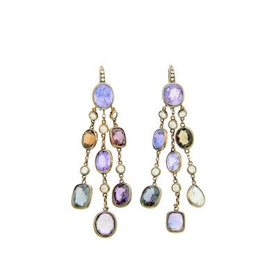 Lot 2129 - Pair of Blackened Gold, Multicolored Sapphires and Diamond Pendant-Earrings