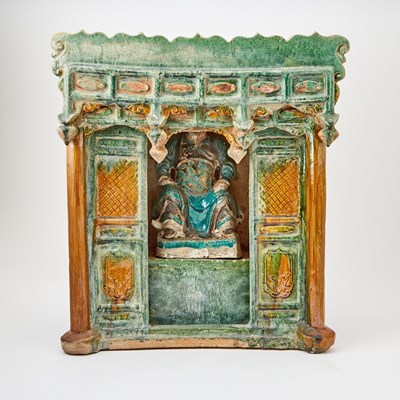 Lot 625 - Chinese Glazed Pottery Figure of Guandi and Shrine