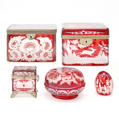 Lot 241 - Four Bohemian Blown Ruby Cut to Clear Glass Boxes Together with an Egg