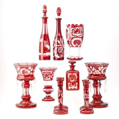Lot 242 - Group of Bohemian Ruby Cut to Clear Glass Table Articles